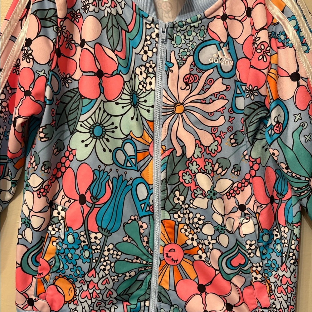 Adidas Floral Track Jacket Girls Youth 16 Retro Three Stripe Zip Up - Picture 3 of 10